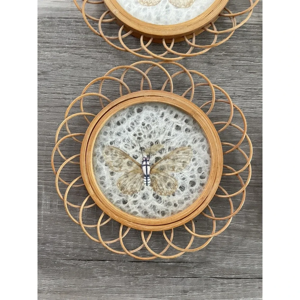 Vintage Pressed Butterfly Coasters Wicker Bamboo Boho Set Of 4‎